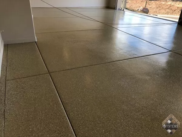 Ash brown water-based epoxy with color flakes scaled service